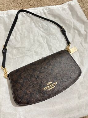 Coach Brown Signature Logo Shoulder Bag Andrea with Black Strap